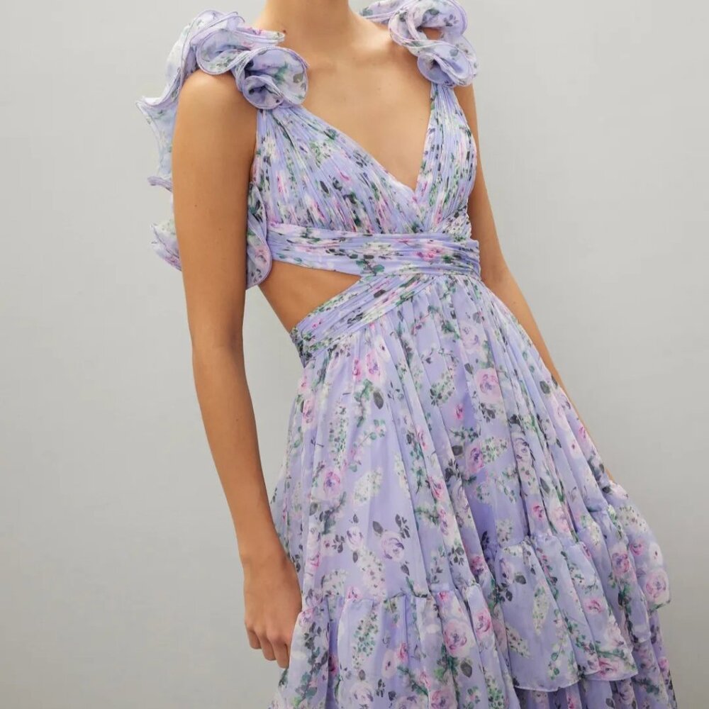 Ieena for Mac Duggal Ruffle Tiered Cut-Out Floral Chiffon Dress Size 4 MSRP $498 - Picture 2 of 12